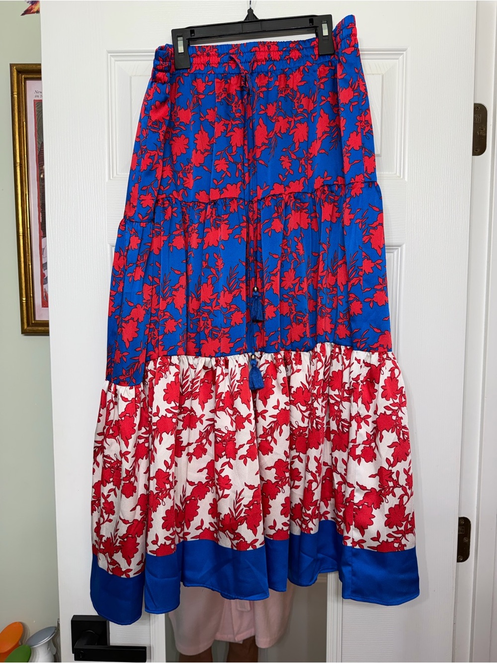 Philosophy Red Floral Tiered Maxi Skirt on Blue Ground